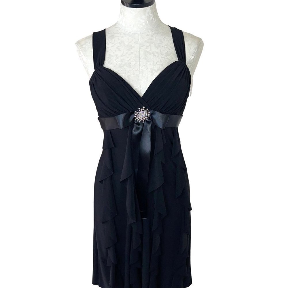 Cache Womens Ruffle Dress Black Size 6 Chiffon Long Ribbon Rhinestone Brooch Bow